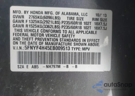 2014 Honda Pilot Ex z USA, uszkodzony, nr VIN 5FNYF4H45EB009513